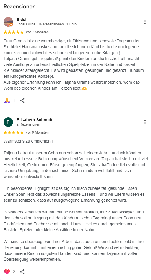 Google Rezensionen Schwerpunkt Mahlzeiten der Kindertagespflege